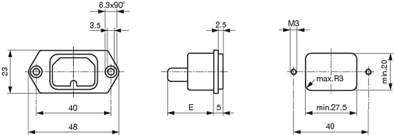 Arlin 6110.3100 and 6110.3300 iec inlet dimensions