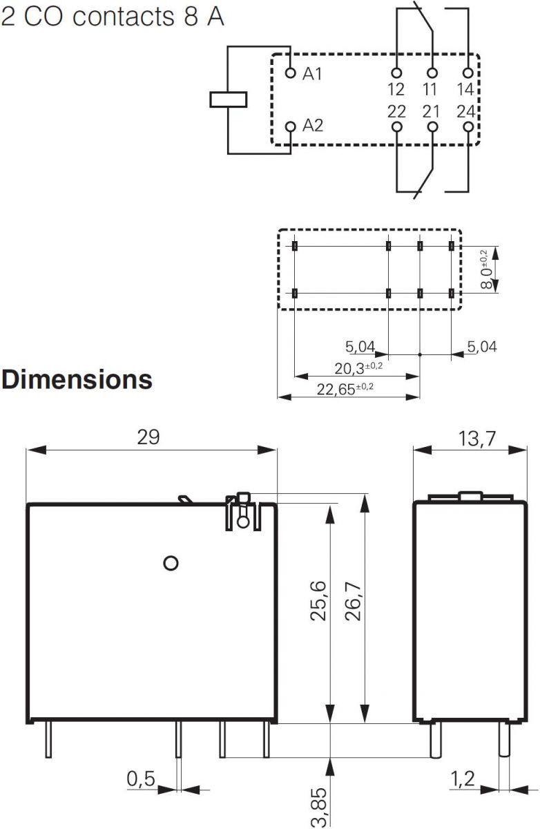 Dimensions diagram XT484 series Schrack relay from Arlin